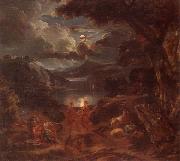 A pastoral scene with shepherds and nymphs dancing in the moonlight by the edge of a lake, unknow artist